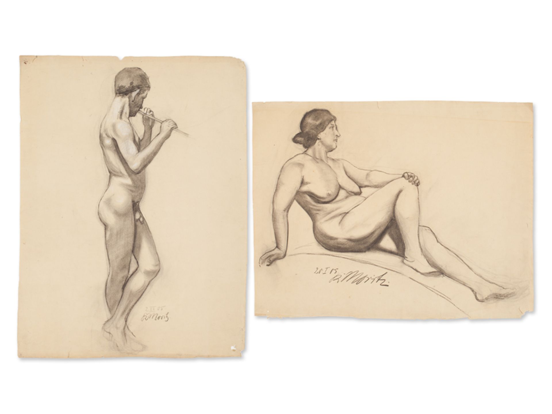 R. Moritz, Two Charcoal Drawings Male and Female Nude, 1905