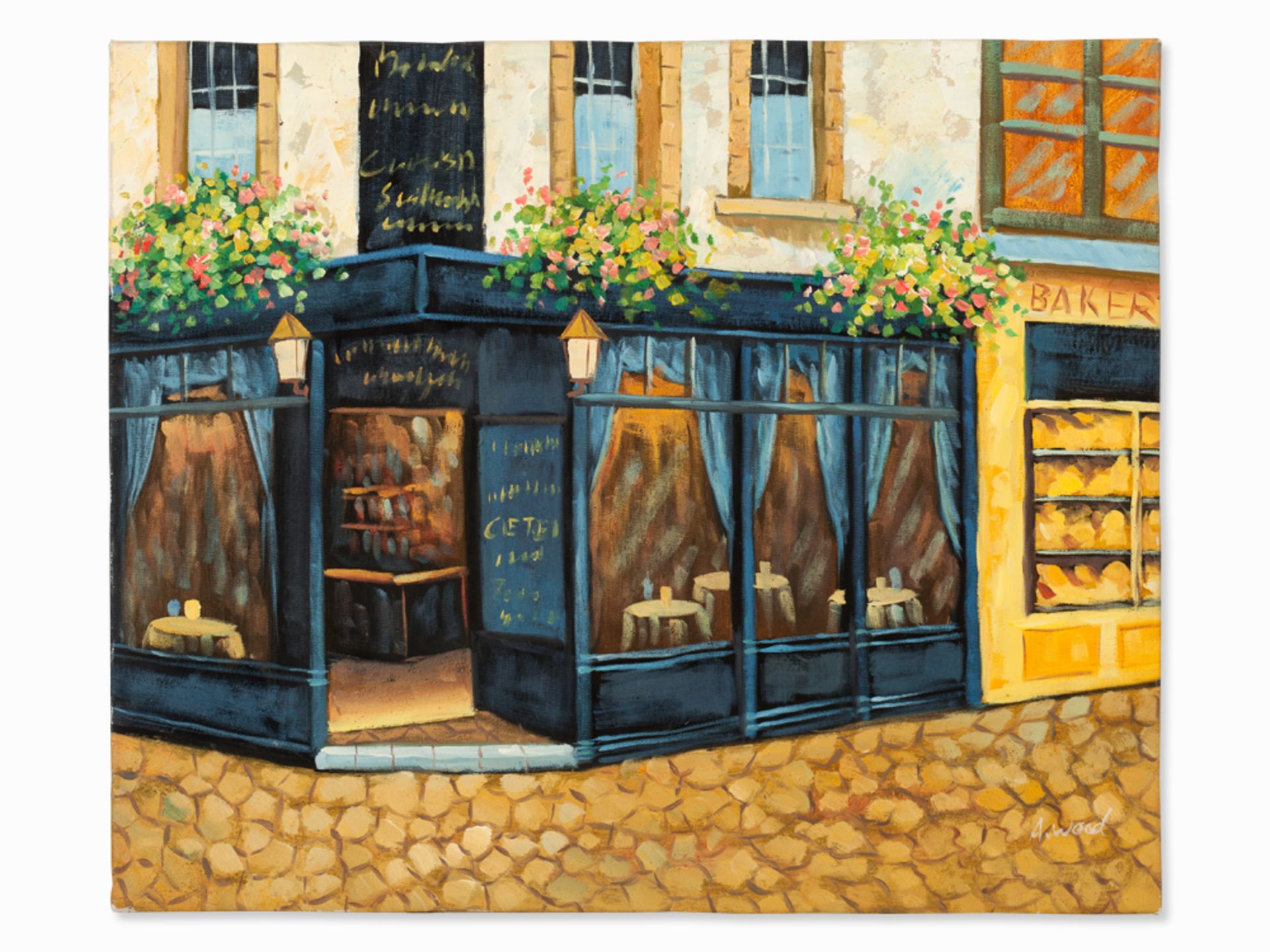 A. Wood, Oil Painting, Sidewalk Cafe, England, c. 2000