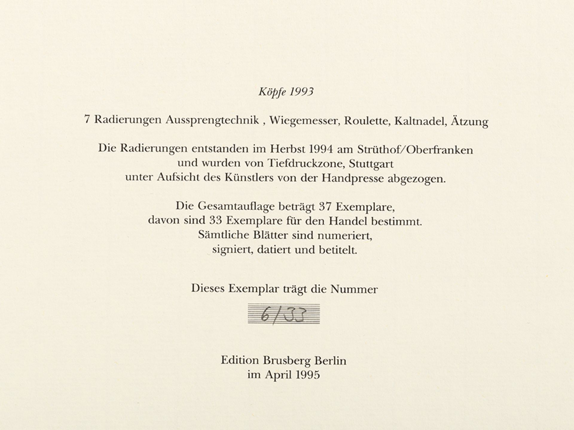 Dietrich Klinge, Köpfe 1993, Portfolio of 7 Etchings, 1994