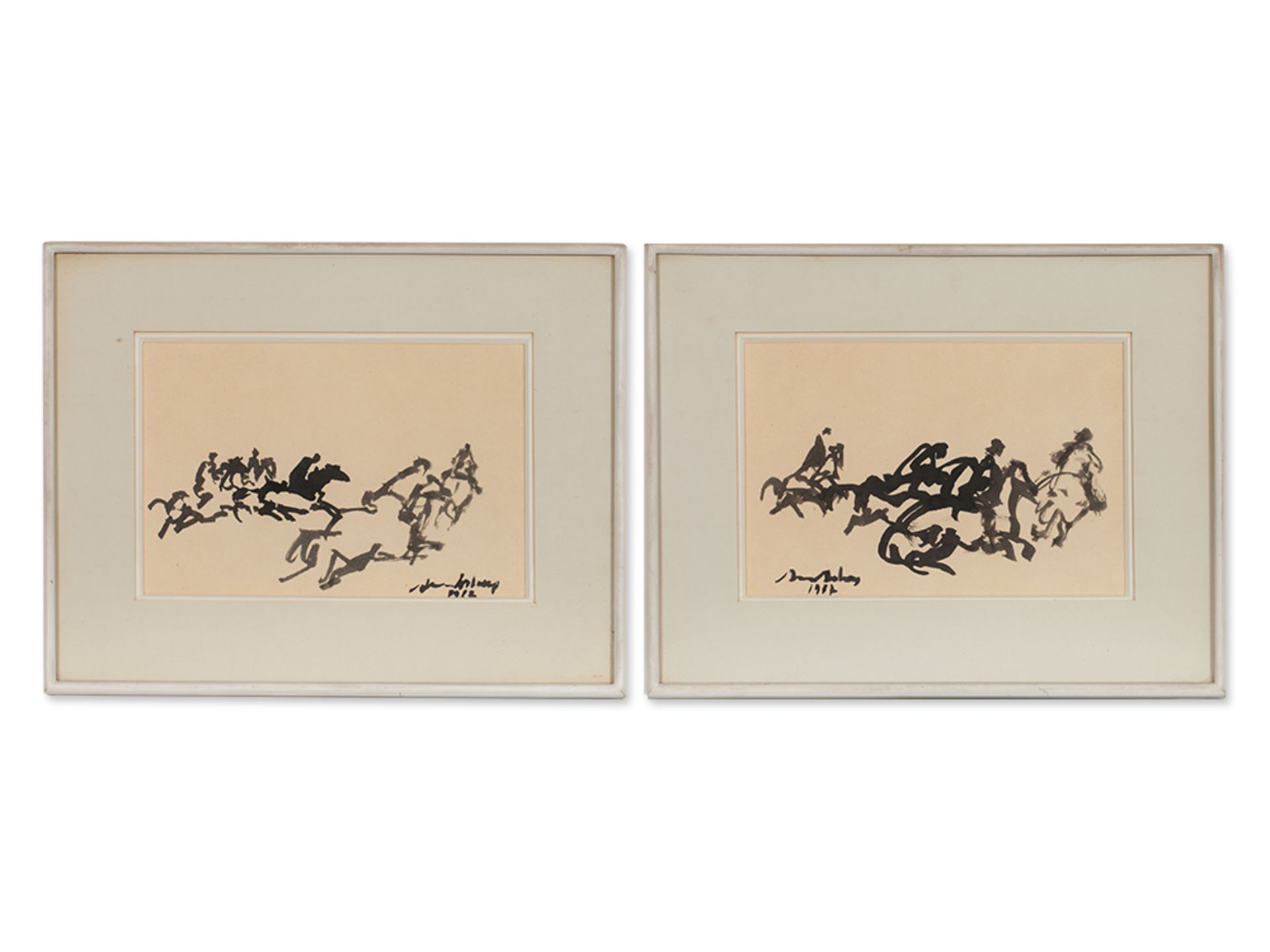 Two Small Ink Sketches Horse Race, Belgium, 1912/1917