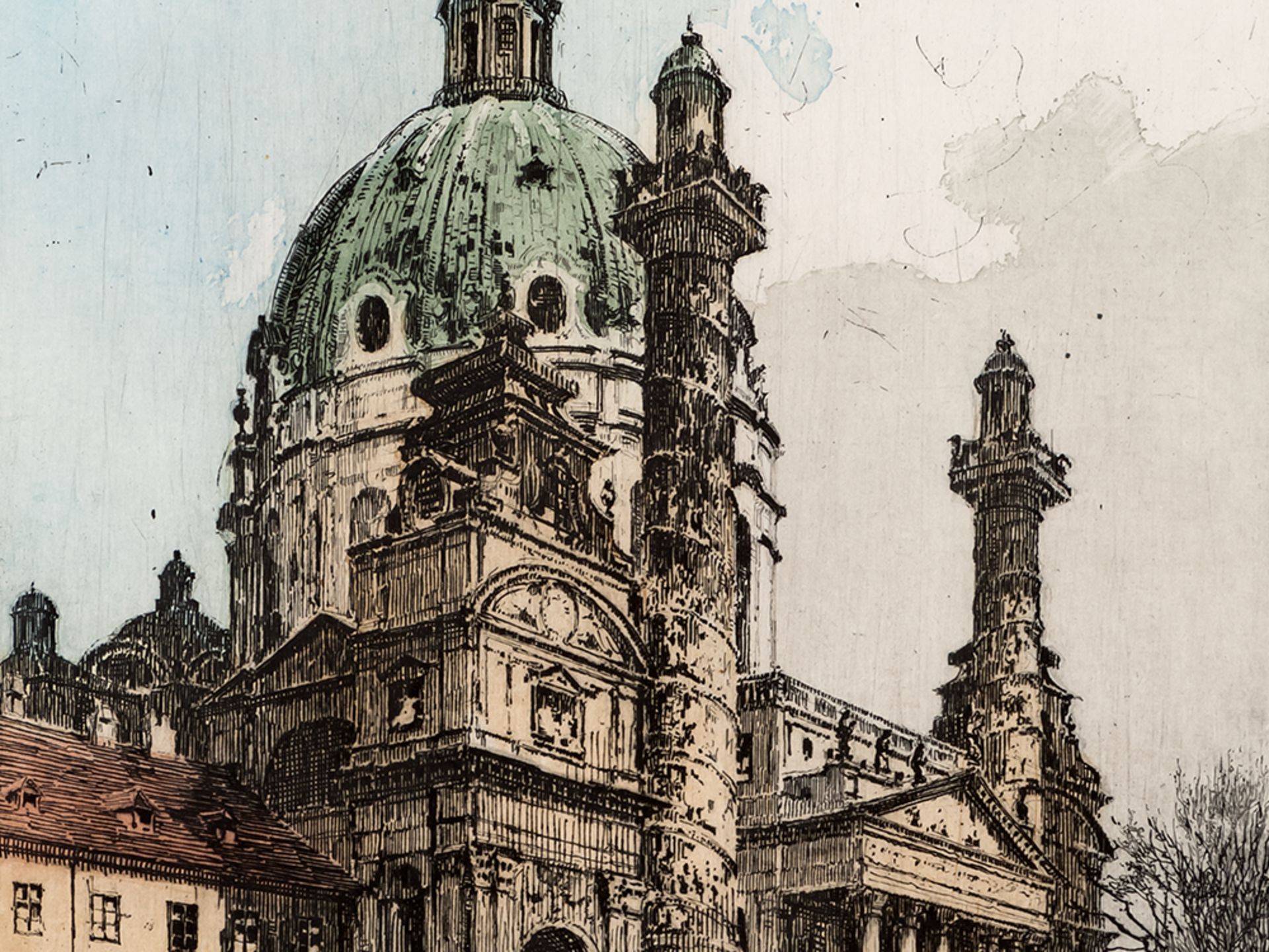 Luigi Kasimir, Karlskirche, Etching in Colors, Vienna, 1911