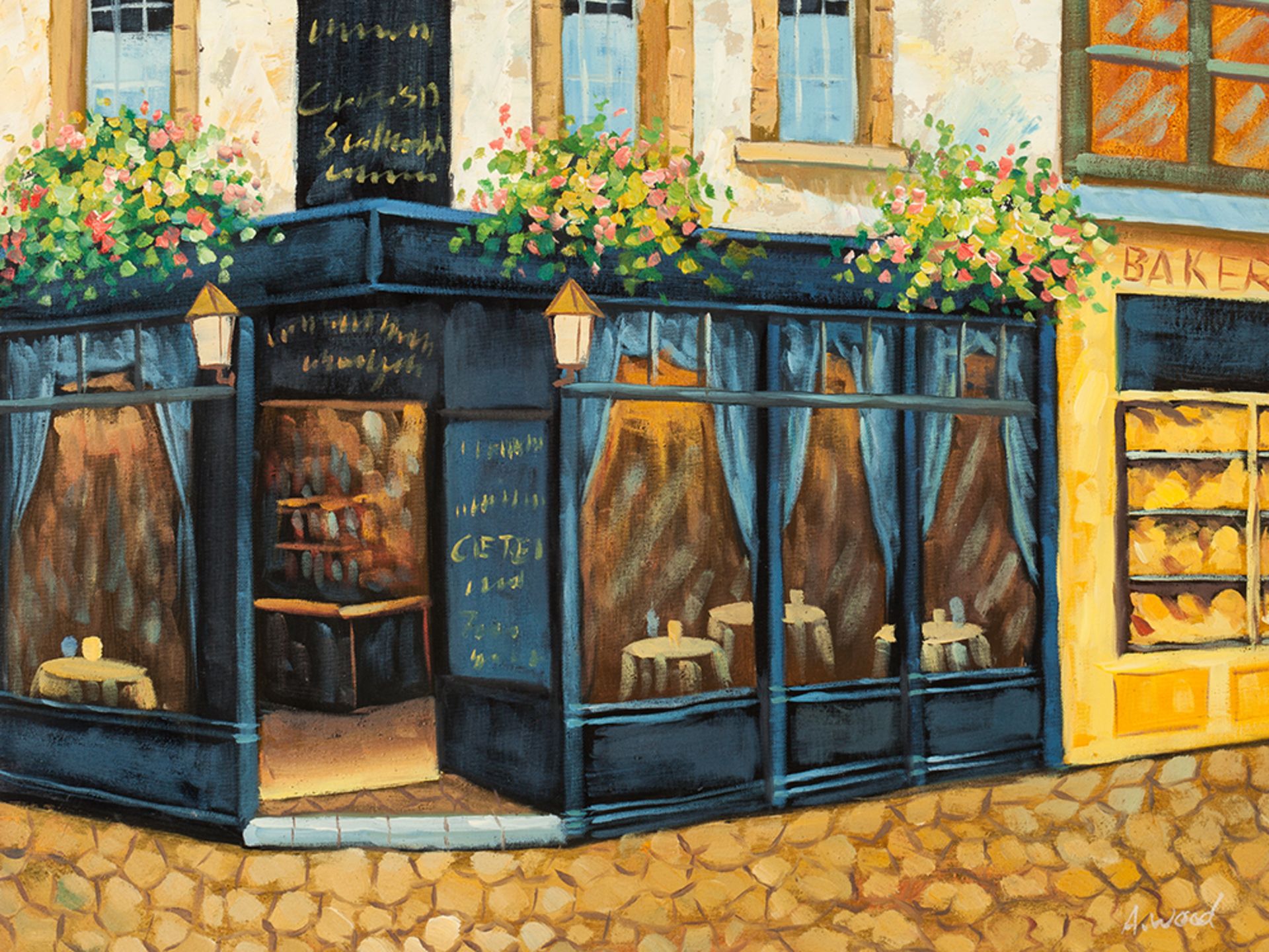 A. Wood, Oil Painting, Sidewalk Cafe, England, c. 2000 - Image 2 of 7