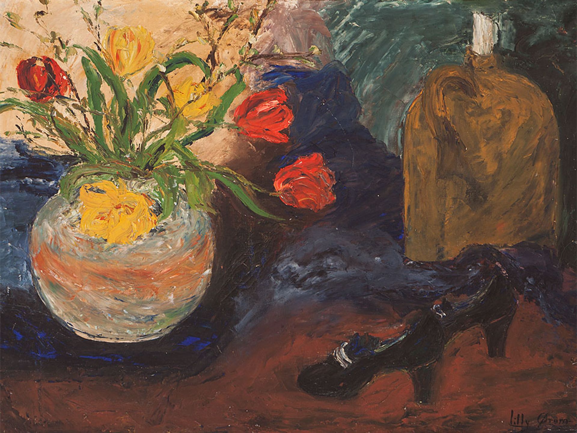 Lilly Ørum, Oil Painting, Flower Still Life with Shoes, 1938