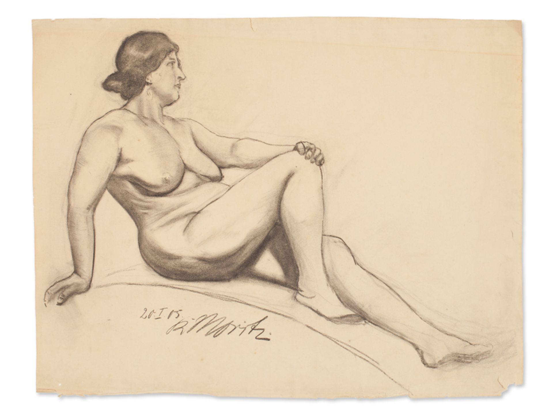 R. Moritz, Two Charcoal Drawings Male and Female Nude, 1905 - Image 2 of 7