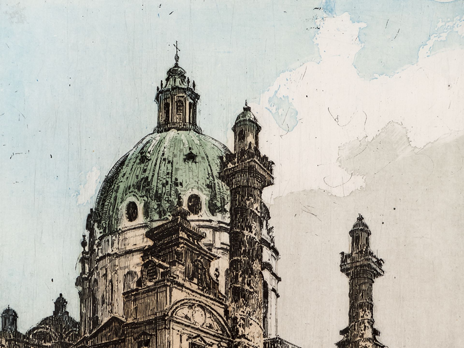 Luigi Kasimir, Karlskirche, Etching in Colors, Vienna, 1911 - Image 4 of 8