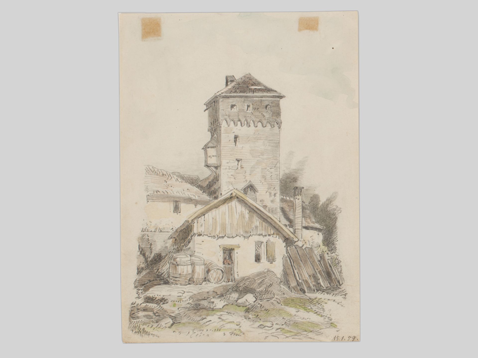 Drawing View of a Castle attributed to A. Emil Kirchner, 1859 - Image 3 of 7