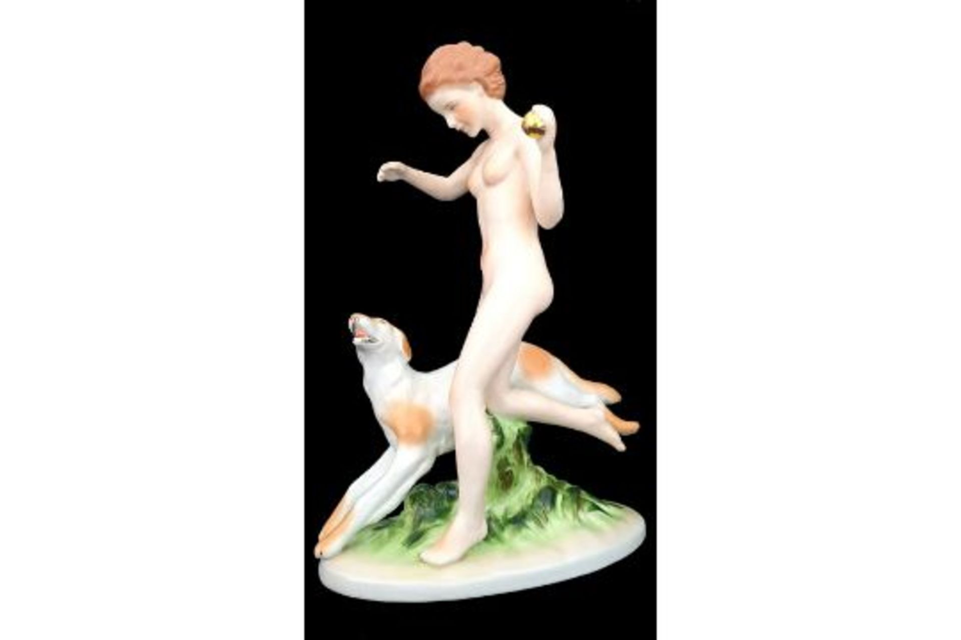 20th century Neundorf porcelain nude with golden ball, playing with a dog. Marked in gilt to base - Image 2 of 4