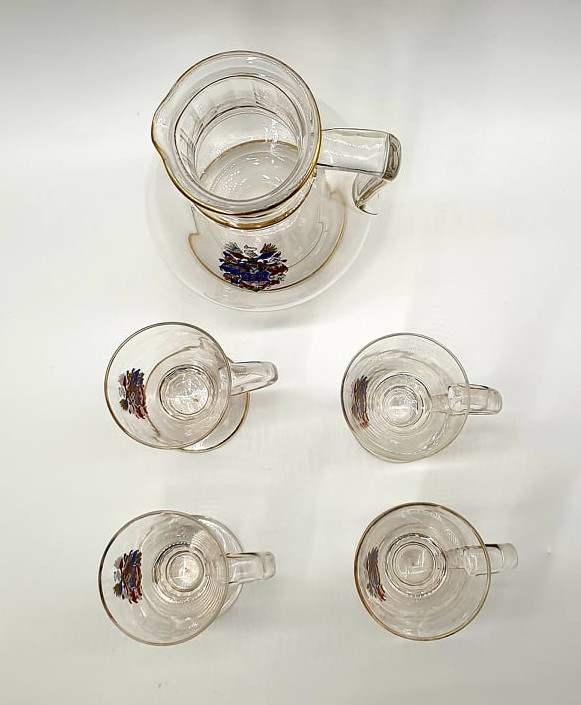 Late 19th century 5 piece set, Lobmeyr, Austria. A caraffe and 4 glasses with handles, each piece - Image 8 of 8