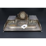 Art Deco Silver Desk Stand with Two Inkwells, Clock & Stamp Box (Mappin & Webb, London Hallmarked)