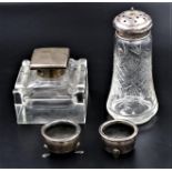 Silver & Glass Inkwell (Large) - Birmingham 1922 (Lid A/F) - Silver Topped Sugar Sifter A/F and 2