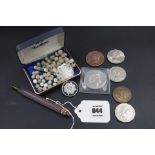 Mixed lot inclusing a silver sweetheart badge, georgian penny, enamel pencil & mother of pearl