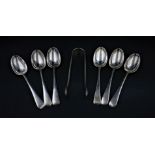 Six Silver Spoons and a set of Tongs in excellent condition, 138 grams.