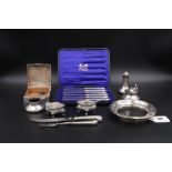 Silver Items - Condiment Set & Cigarette Box - 234 grams weighable & silver handled knives in case.