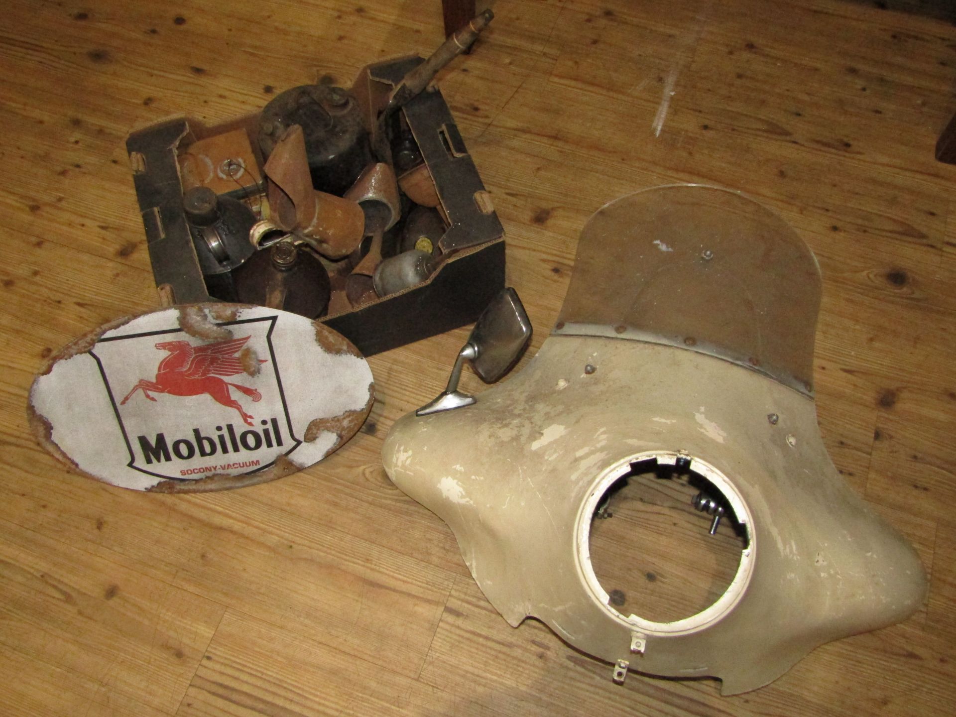 Assorted Oil Cans and pourers, Metal Sign and Motorcycle Fairing
