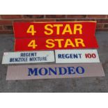 Two Glass Regent Petrol Pump Inserts, Two Perspex 4 Star Petrol Signs And Mondeo Dealership Sign