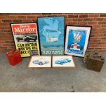 Five Reproduction Racing Related Prints/Posters & Three 2Gal Petrol Cans (8)