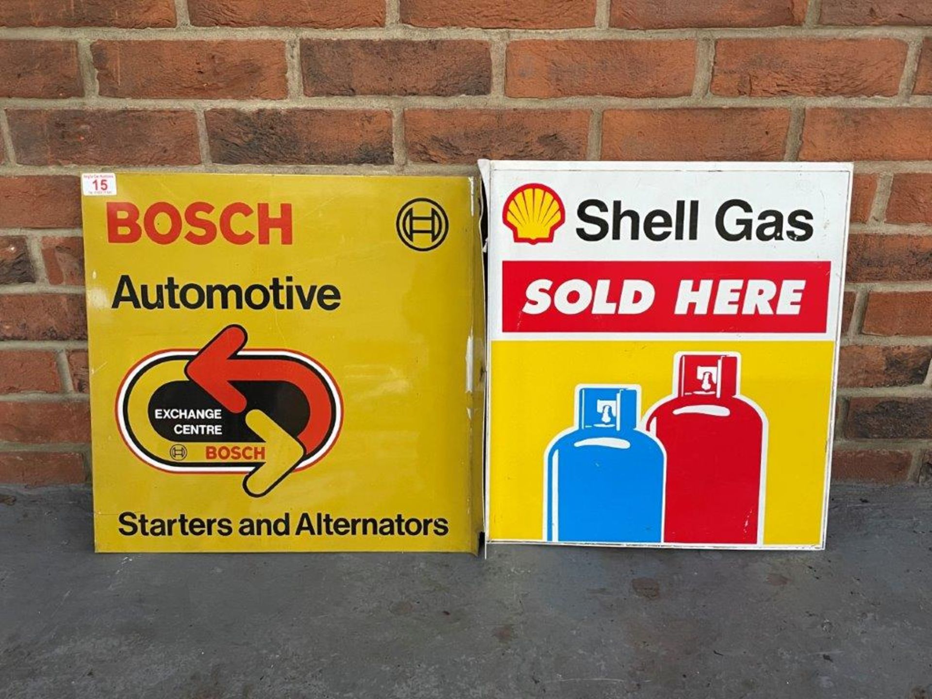 Shell Gas Sold Here Double Sided Flanged Sign Together With A Bosch Automotive Double Sided Flanged