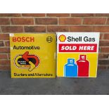 Shell Gas Sold Here Double Sided Flanged Sign Together With A Bosch Automotive Double Sided Flanged