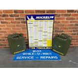 Michelin Tin Tyre Pressure Chart, Two 20l Jerry Cans & MOT Service And Repairs Sign