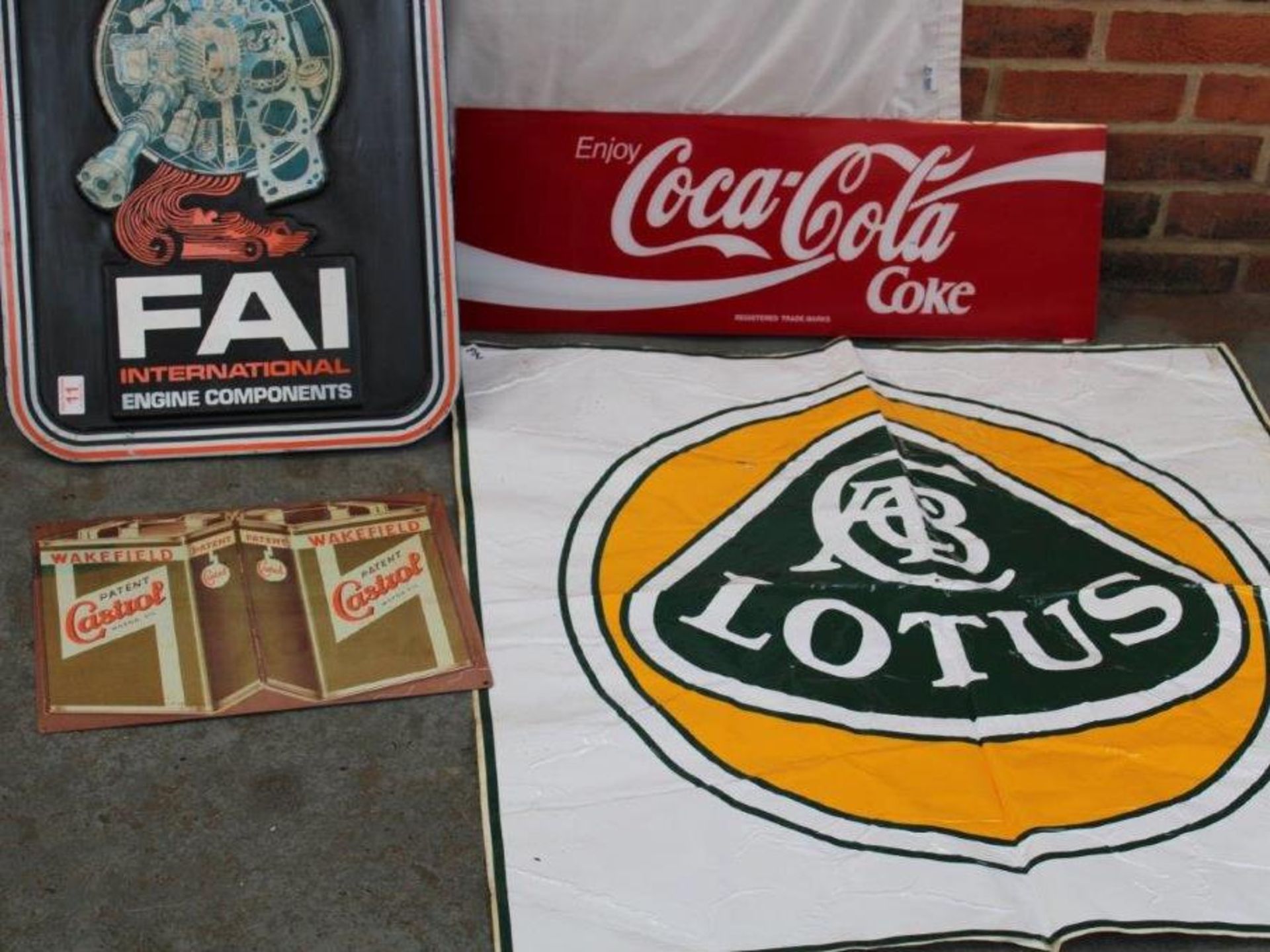 FAI Stockist Sign, Coca Cola Sign, Modern Metal Castrol Sign, Large Lotus Sticker And Skoda Auto Fla - Image 2 of 2