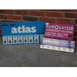 Three Signs, Atlas Lamp, Purolator Filters And Philips Bulbs