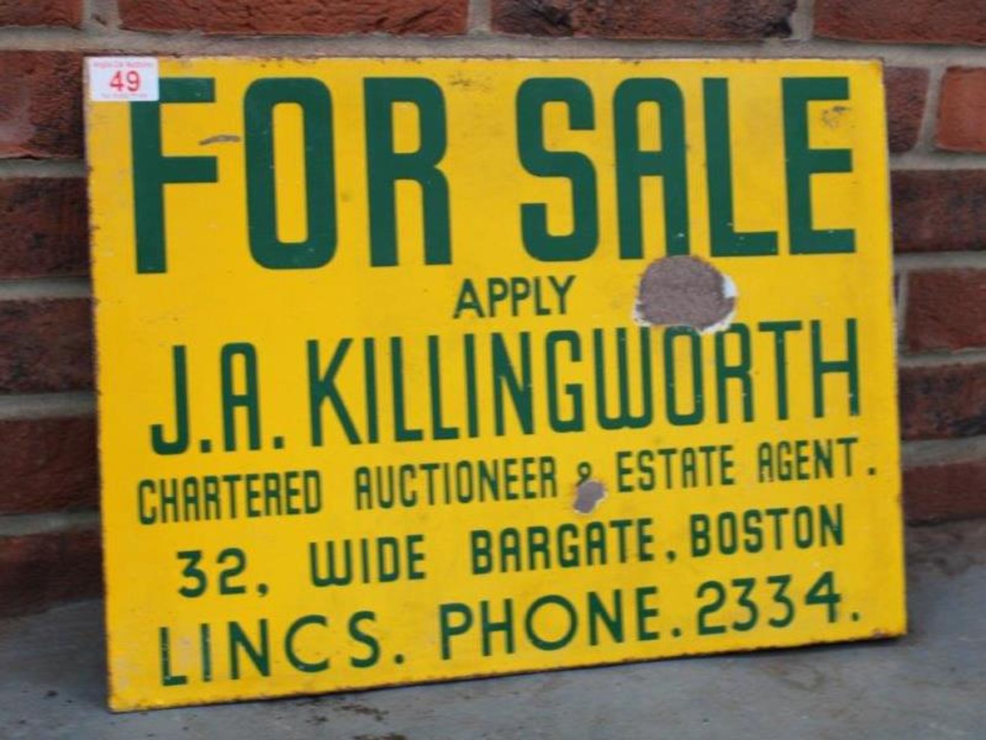 For Sale Sign For JA Killingworth Of Boston Vintage Enamel Flanged Sign