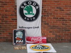 FAI Stockist Sign, Coca Cola Sign, Modern Metal Castrol Sign, Large Lotus Sticker And Skoda Auto Fla