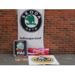 FAI Stockist Sign, Coca Cola Sign, Modern Metal Castrol Sign, Large Lotus Sticker And Skoda Auto Fla