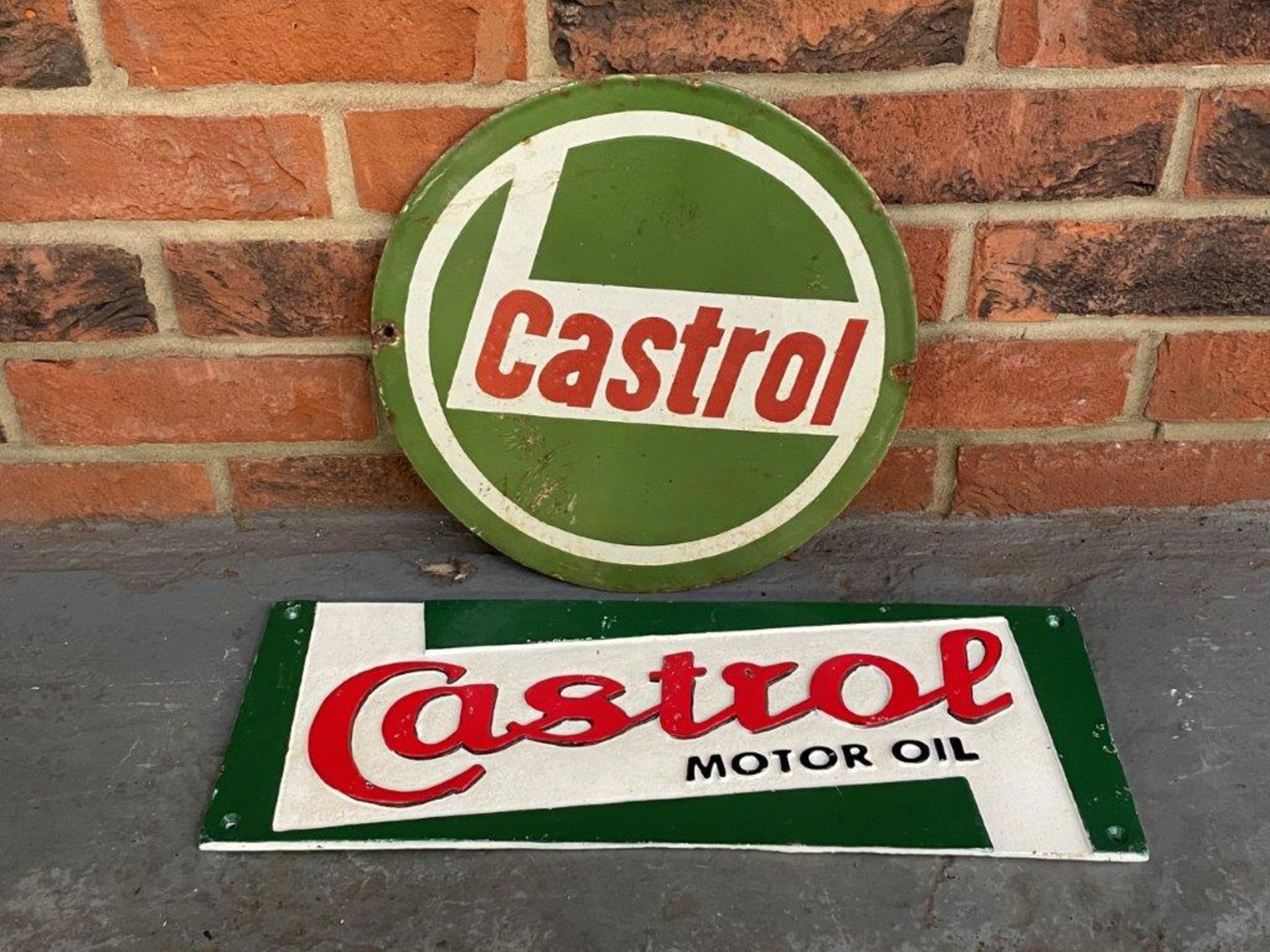 Modern Cast Iron Castrol Motor Oil Sign Together With A Castrol Circular Enamel Sign