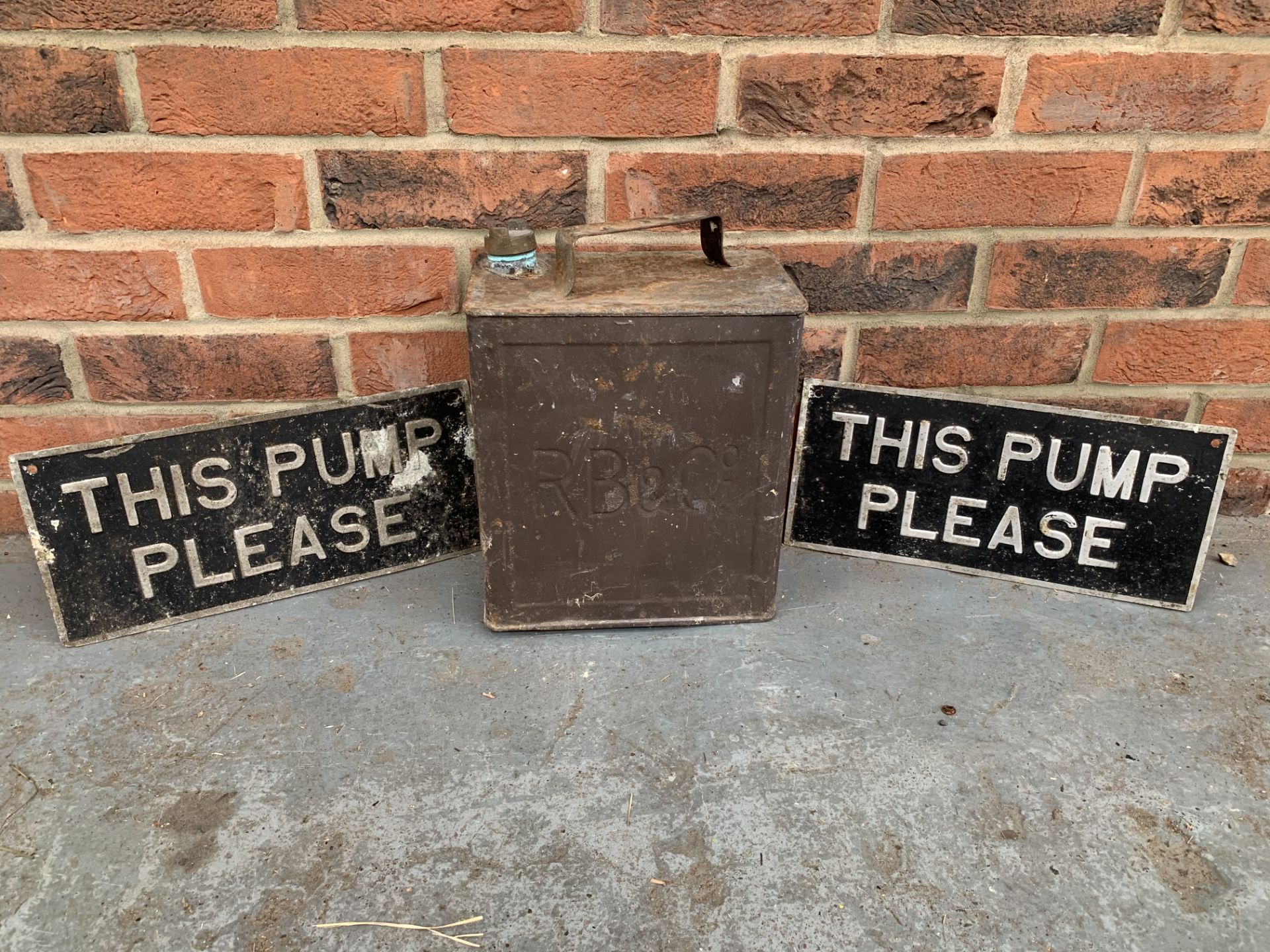 RB & Co Vintage Petrol Can & Two Aluminium This Pump Please" Sign"