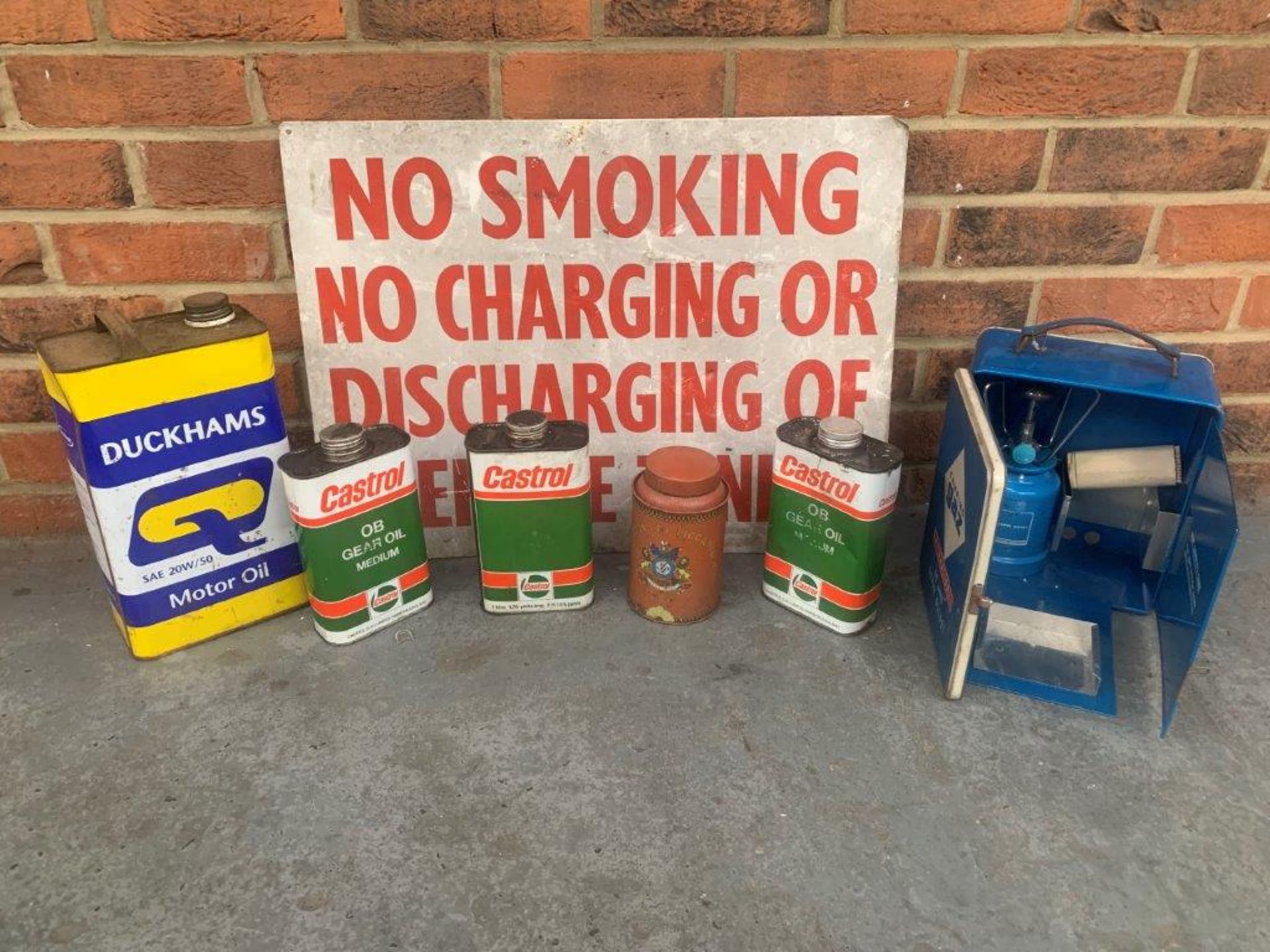Mixed Lot Warning Sign, Castrol & Duckhams Oil Cans