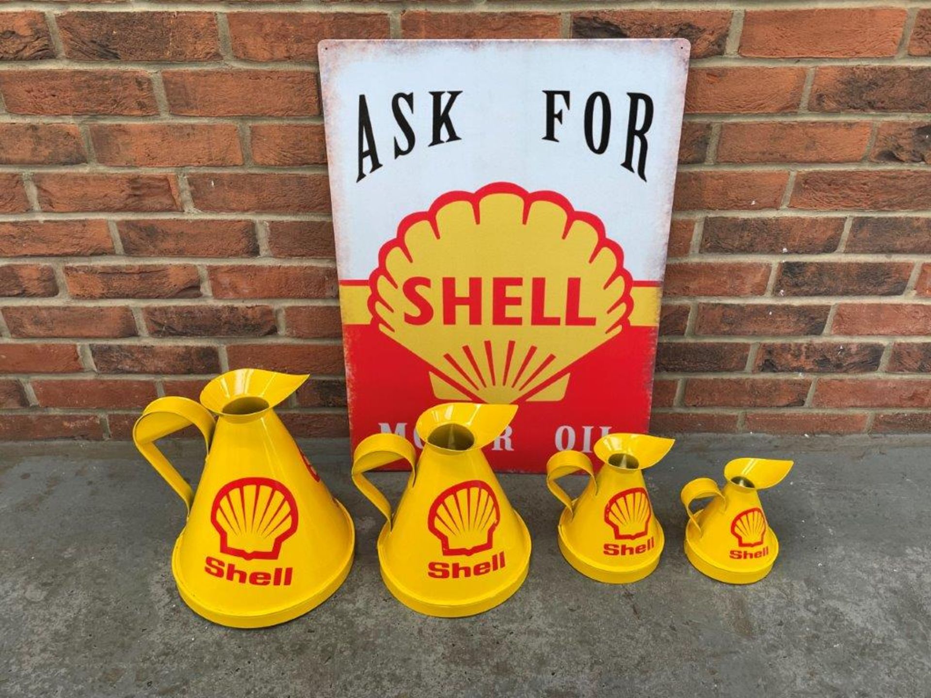 Modern Tin Shell Sign & Four Oil Cans