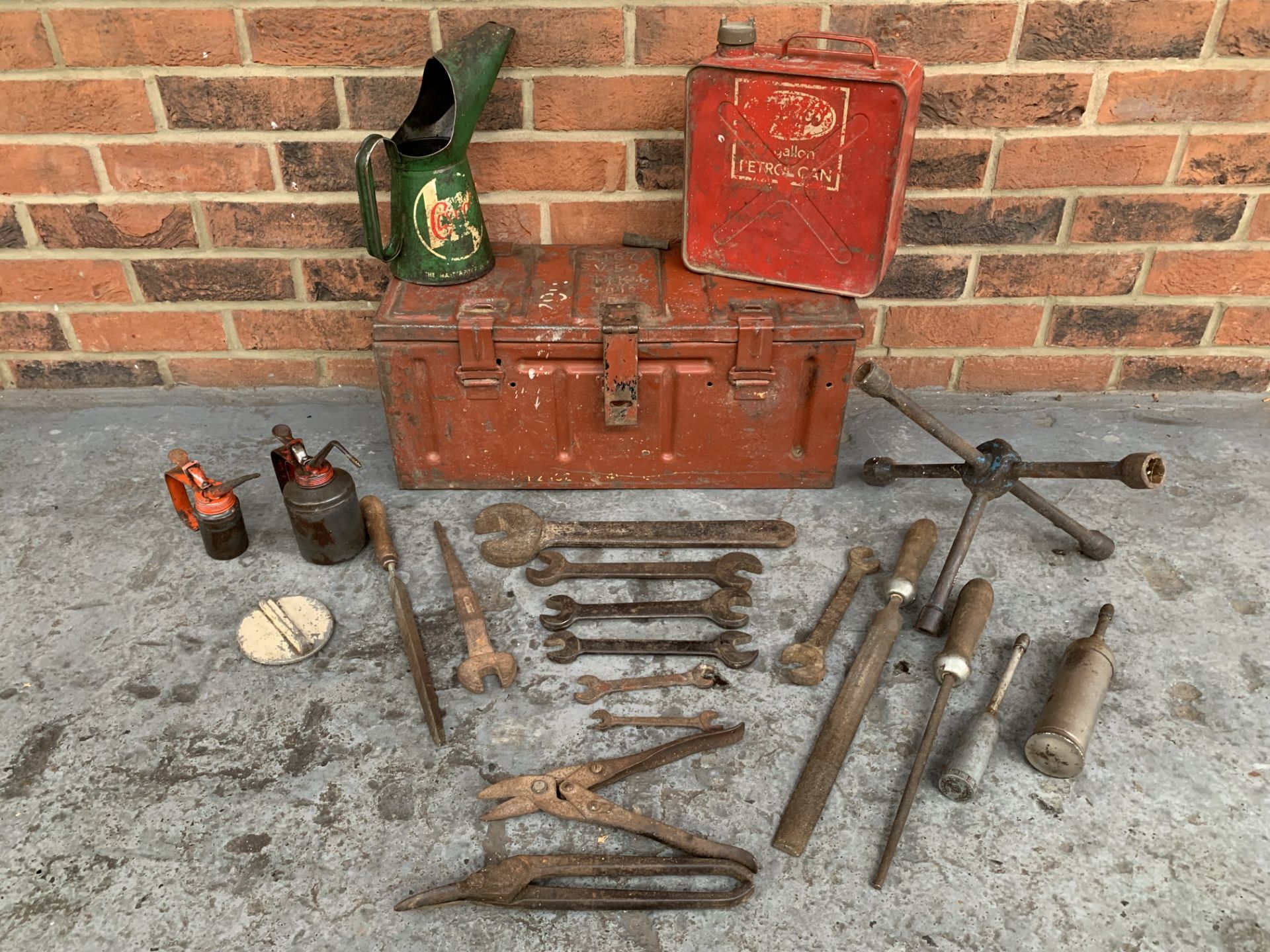Military Ammunition Box, Castrol Oil Can & A Quantity Of Tools