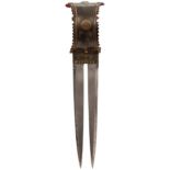 A 19TH CENTURY DOUBLE BLADED INDIAN DAGGER, the sheet metal guard with applied brass decoration,