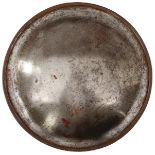 A 19TH CENTURY WATERED STEEL DHAL, 40cm convex body with thickly turned rim, the face showing
