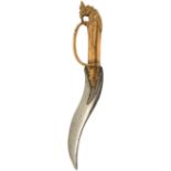 A SOUTHERN INDIAN BRASS HILTED DAGGER, 21cm recurving blade, chiselled at the reinforced forte,