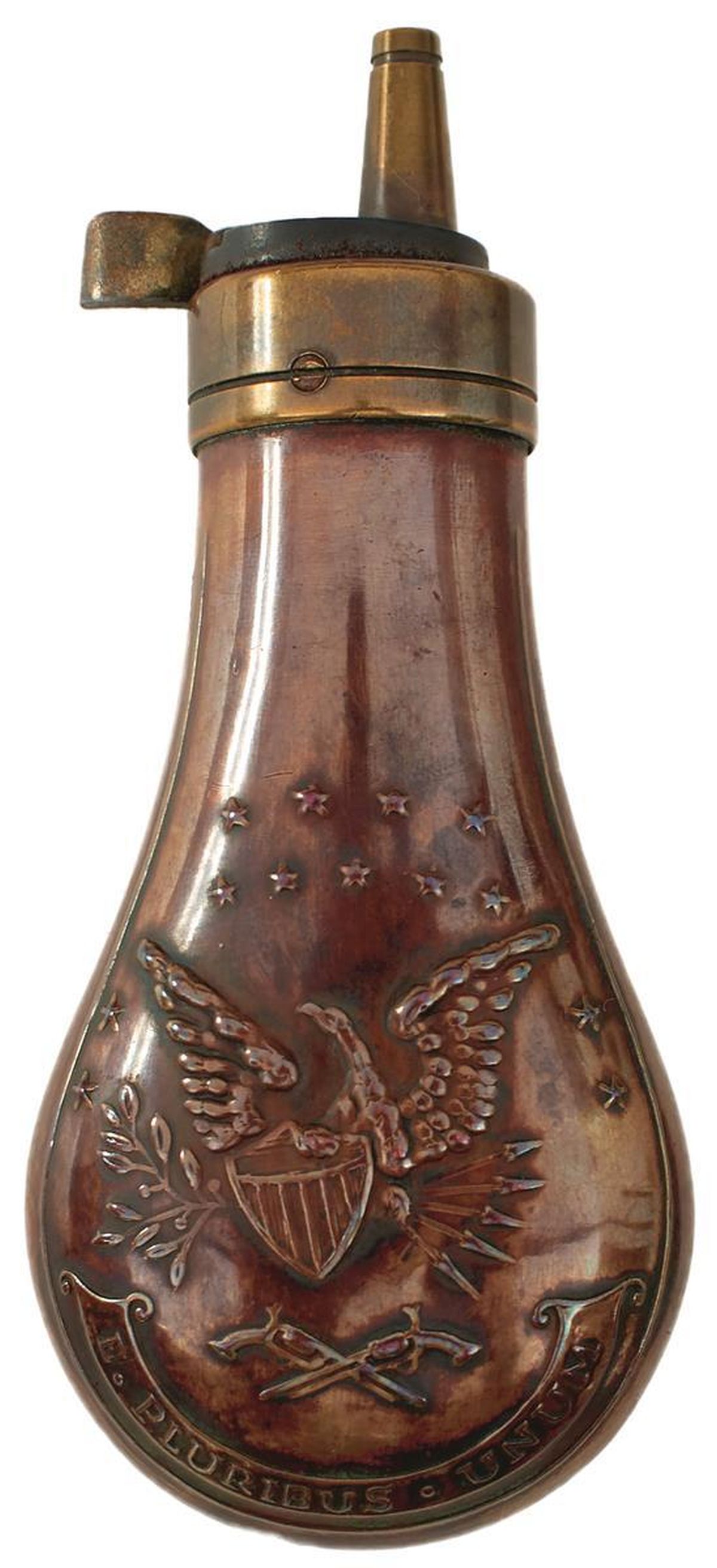 AN EMBOSSED COPPER POWDER FLASK, the lacquered copper body decorated with, stars, an eagle and