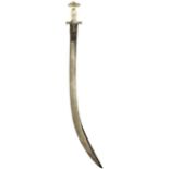 A 19TH CENTURY WHITE METAL HILTED TULWAR, 75.5cm curved blade stamped with a maker's mark at the