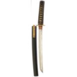 A WAKIZASHI, 32.5cm Shinto blade with two mekugi-ana, suguha hamon, fully bound tsuka with iron