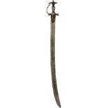 A 19TH CENTURY TULWAR, 81cm curved fullered blade, characteristic steel hilt with dual curving guard