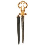 A FINE QUALITY VICTORIAN GOTHIC REVIVAL SCISSORS DAGGER, 20.5cm flattened diamond section blades,