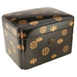 A MEIJI JAPANESE LACQUERED PICNIC BOX, the 19cm high shaped box decorated over all with gold