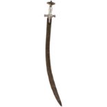 A 19TH CENTURY INDIAN TULWAR, 67cm triple fullered curved blade, characteristic steel hilt decorated