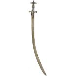 A 19TH CENTURY WOOTZ BLADED INDIAN TULWAR, 68cm curved blade, characteristic steel hilt with