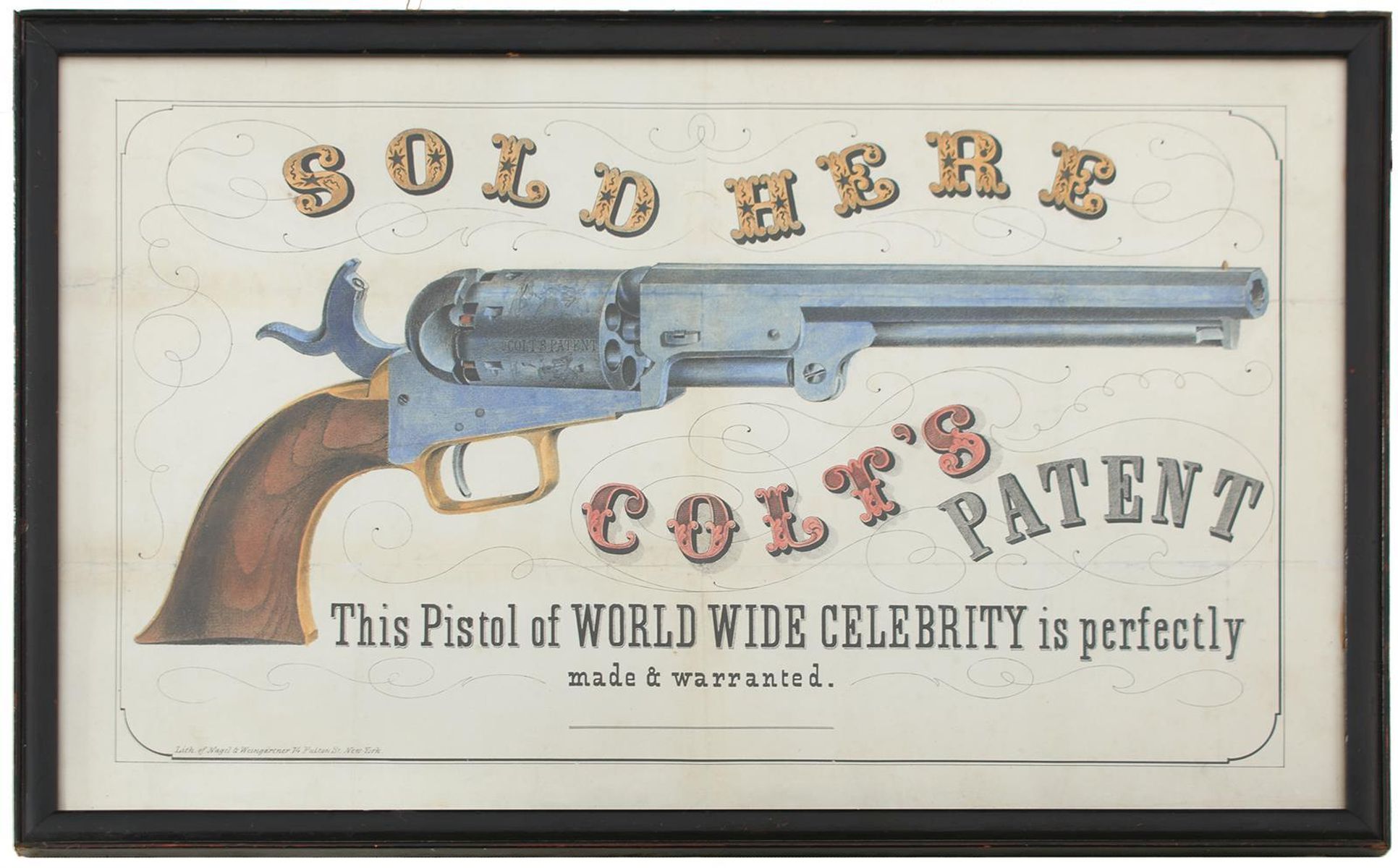 A VERY RARE COLT'S PATENT ADVERTISING POSTER, the coloured paper lithograph depicting a percussion