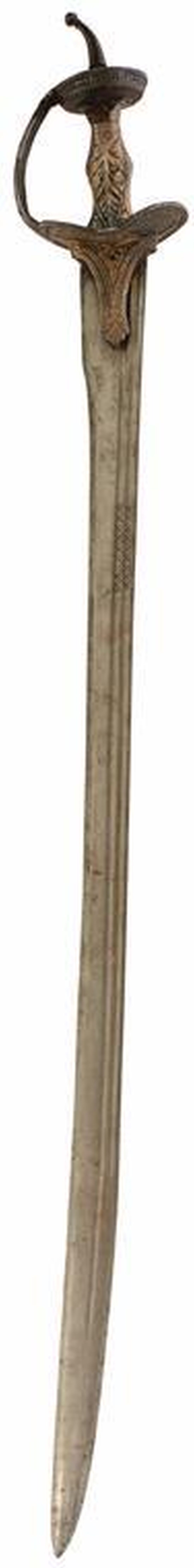 A LATE 18TH CENTURY INDIAN KIRACH OR SWORD, 83cm double fullered blade, double edged towards the tip