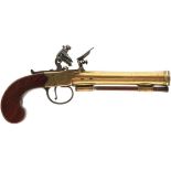 A 14-BORE FLINTLOCK TRAVELLING PISTOL BY BOND, 6inch brass barrel with ring turned muzzle, border