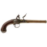 A 20-BORE FLINTLOCK SILVER MOUNTED BRASS QUEEN ANNE PISTOL BY BRAZIER, 5.5inch three-stage cannon