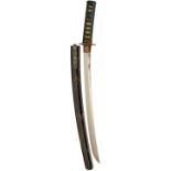 A WAKIZASHI, 46.6cm Shinto blade with two mekugi-ana, midare hamon, fully bound tsuka with shakudo-