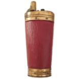 A GOOD COPY OF A THREE-WAY POWDER FLASK, the brass mounted red leather wrapped tapering body with